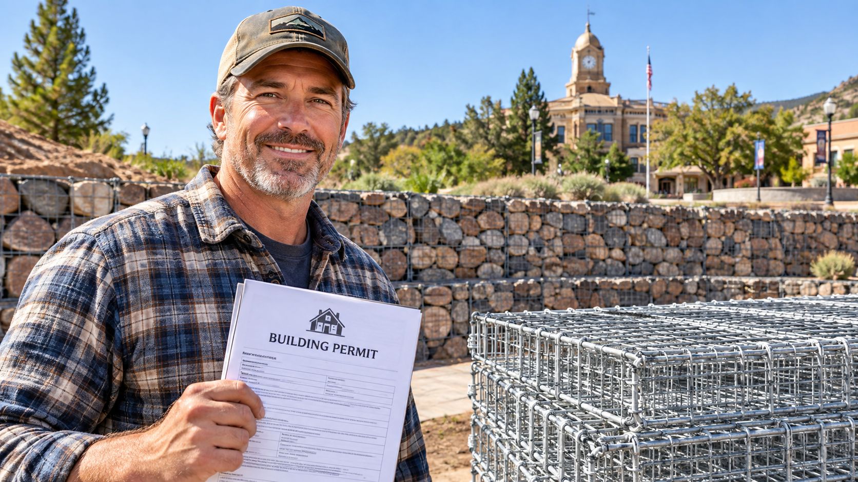 A construction worker holding a building permit in front of a gabion cage rock retaining wall project.