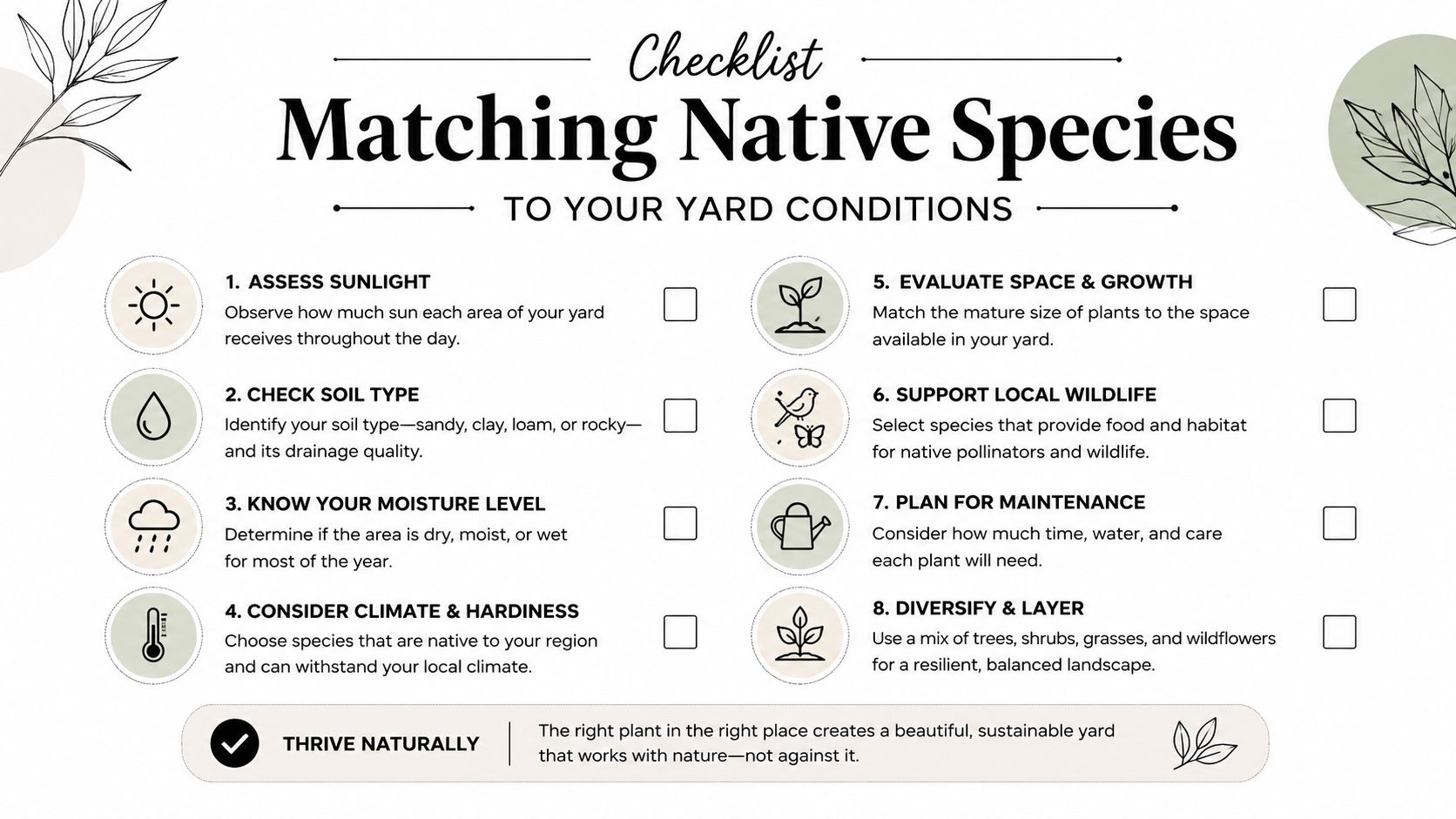 A checklist for matching native plants to yard conditions including sunlight, soil, moisture, and maintenance tips.