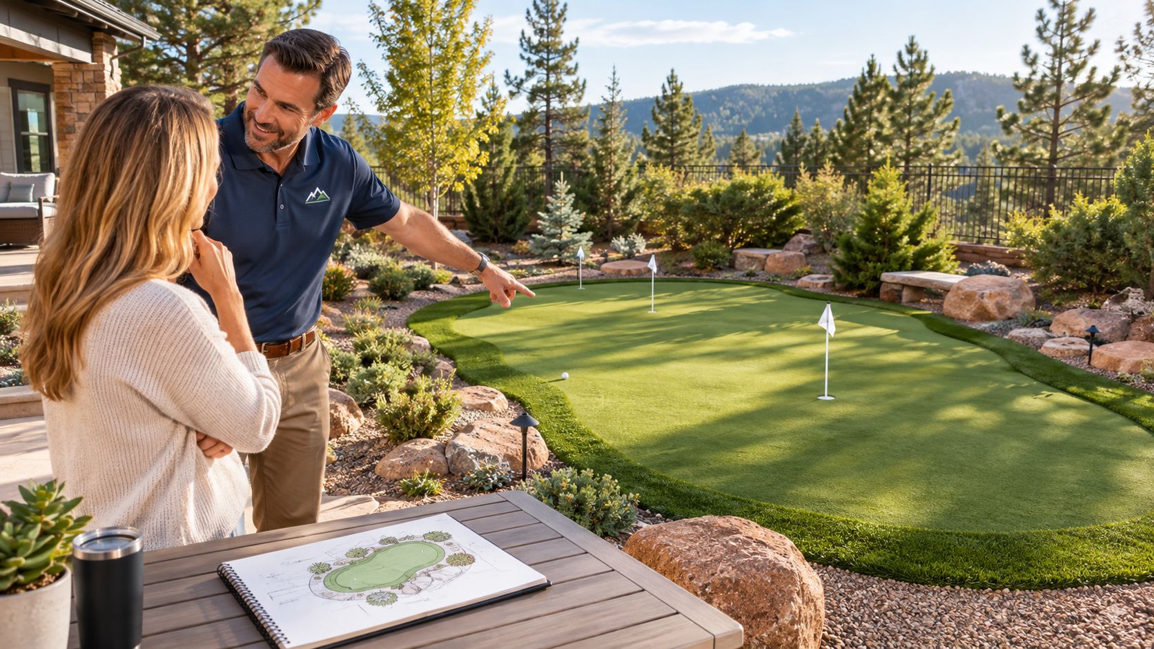 A professional landscaper points toward a residential backyard putting green to show a client the design.