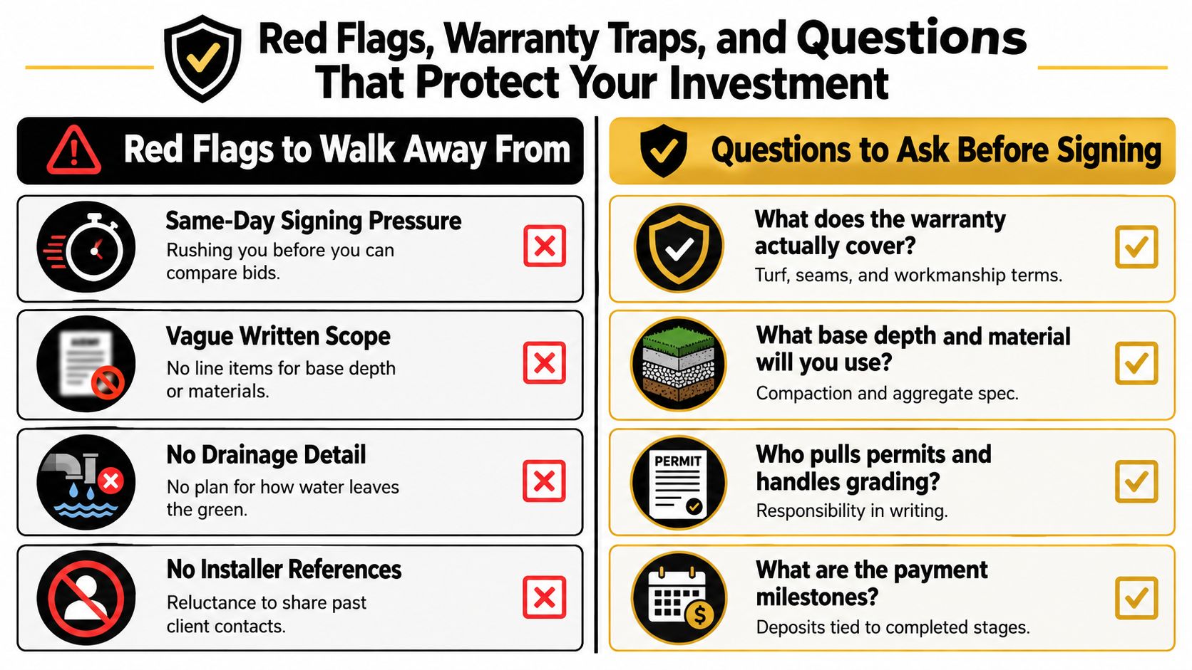 An infographic showing red flags to avoid and essential questions to ask a backyard putting green contractor.