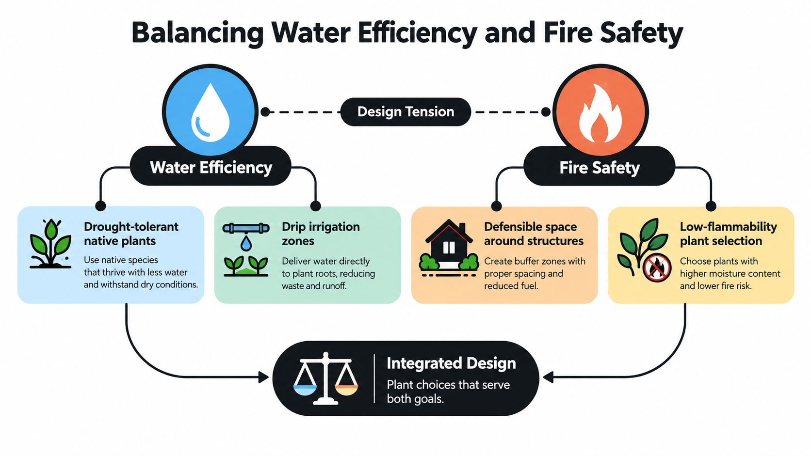 A diagram illustrating the balance between water efficiency and fire safety in sustainable landscape design.