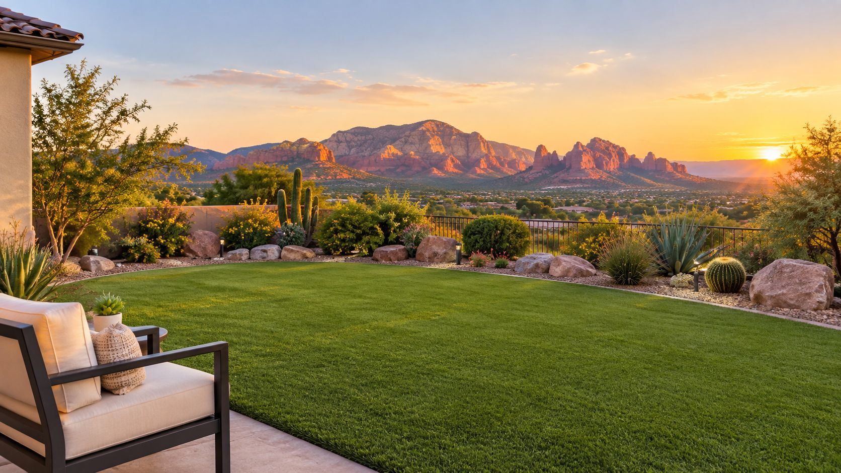 A scenic backyard view featuring artificial turf grass with Sedona red rock mountains during a golden sunset.