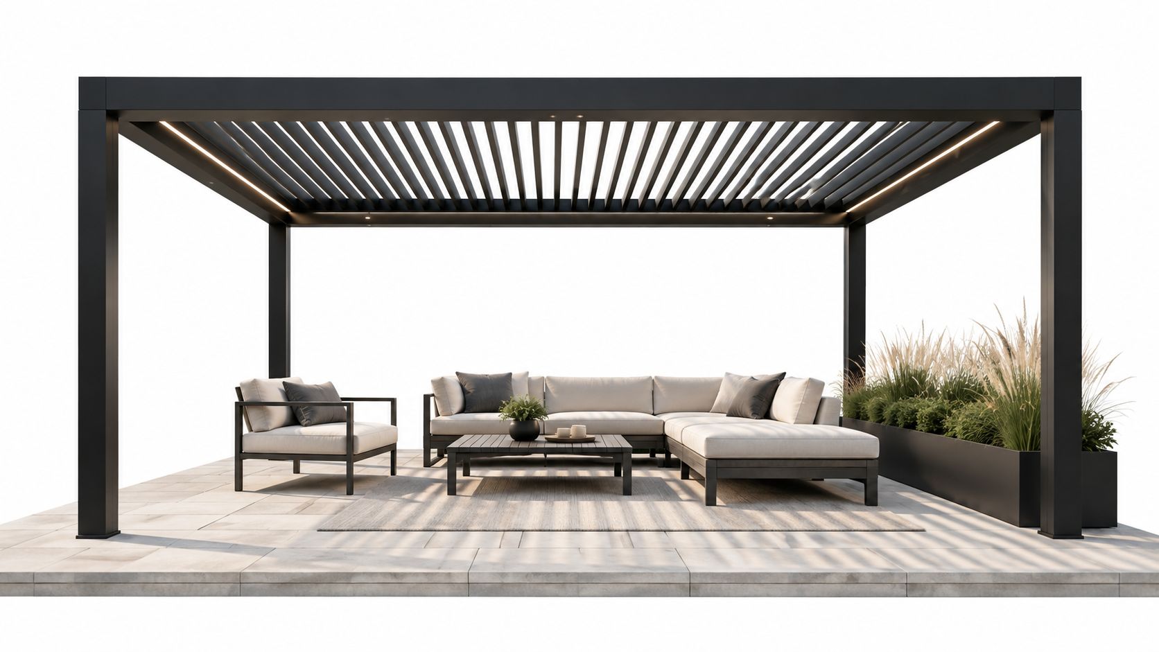 A modern outdoor living space featuring a black louvered pergola, sectional sofa, armchair, and garden planters.