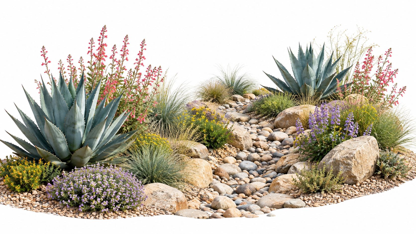 A scenic dry creek bed landscaping arrangement featuring agave succulents, purple flowers, and decorative river rocks.