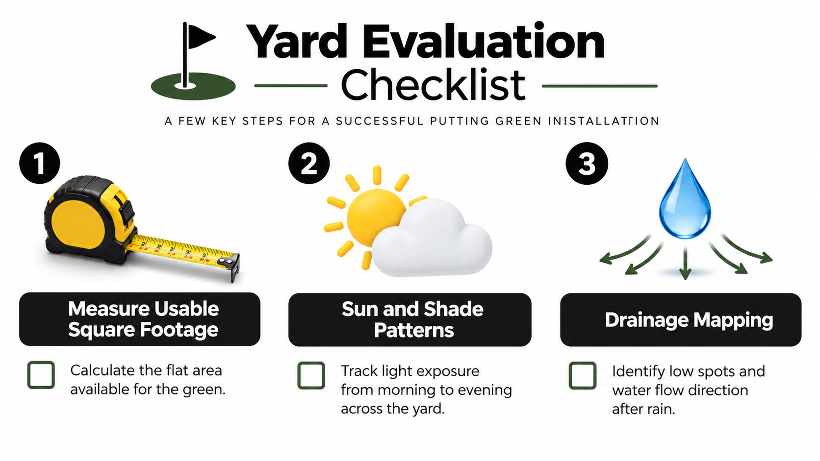 A checklist infographic titled Yard Evaluation Checklist showing three key steps for successful putting green installation projects.