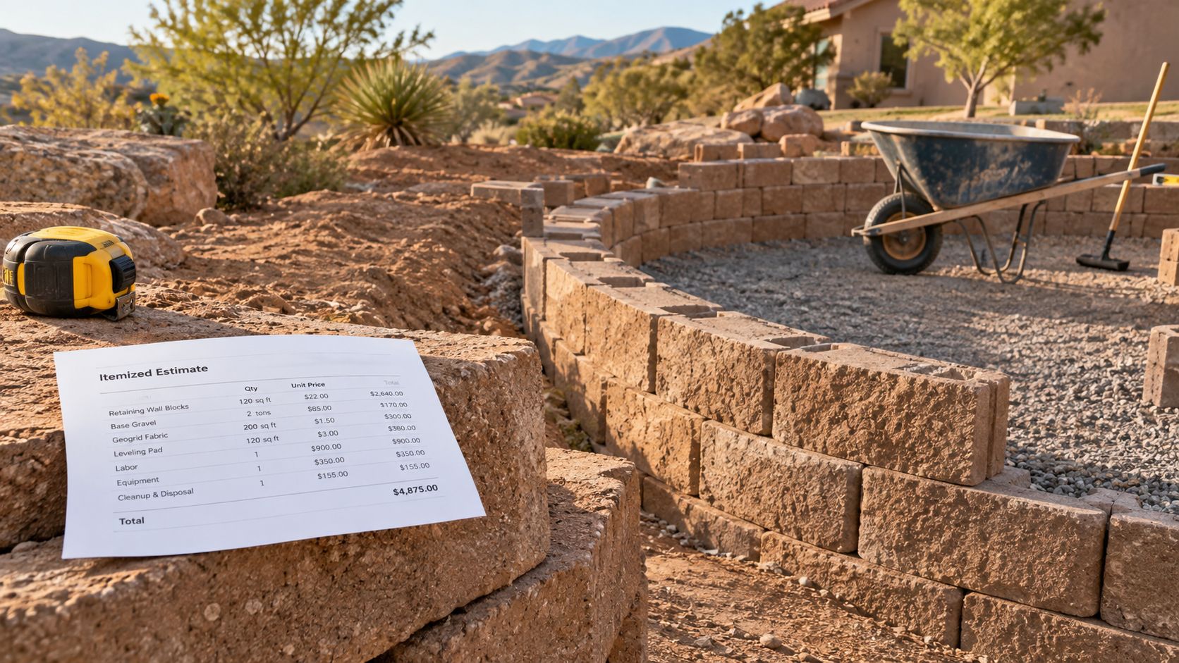 A printed itemized estimate sheet sits on stone blocks near an outdoor retaining wall construction project.