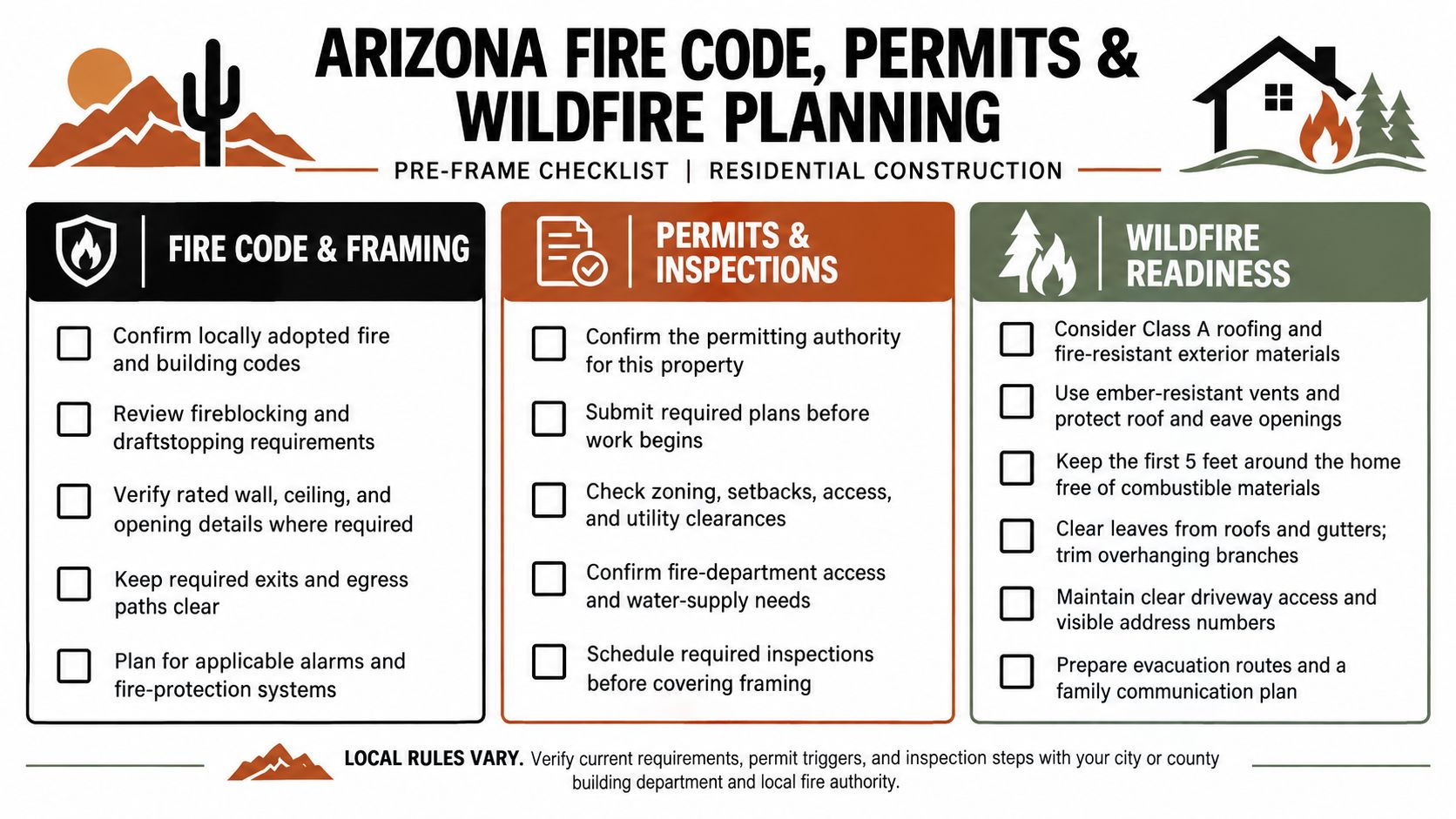 A checklist for Arizona fire code compliance, construction permits, and wildfire safety planning for residential homes.