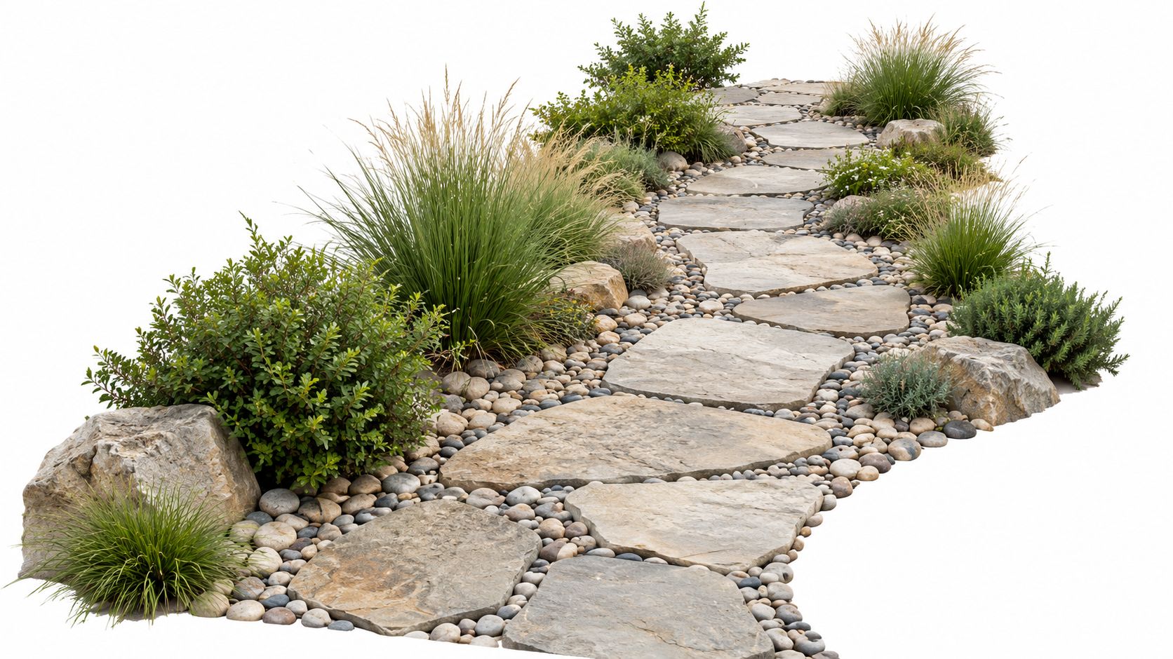 A scenic garden pathway made of large natural flagstone pavers surrounded by river rocks and ornamental plants.