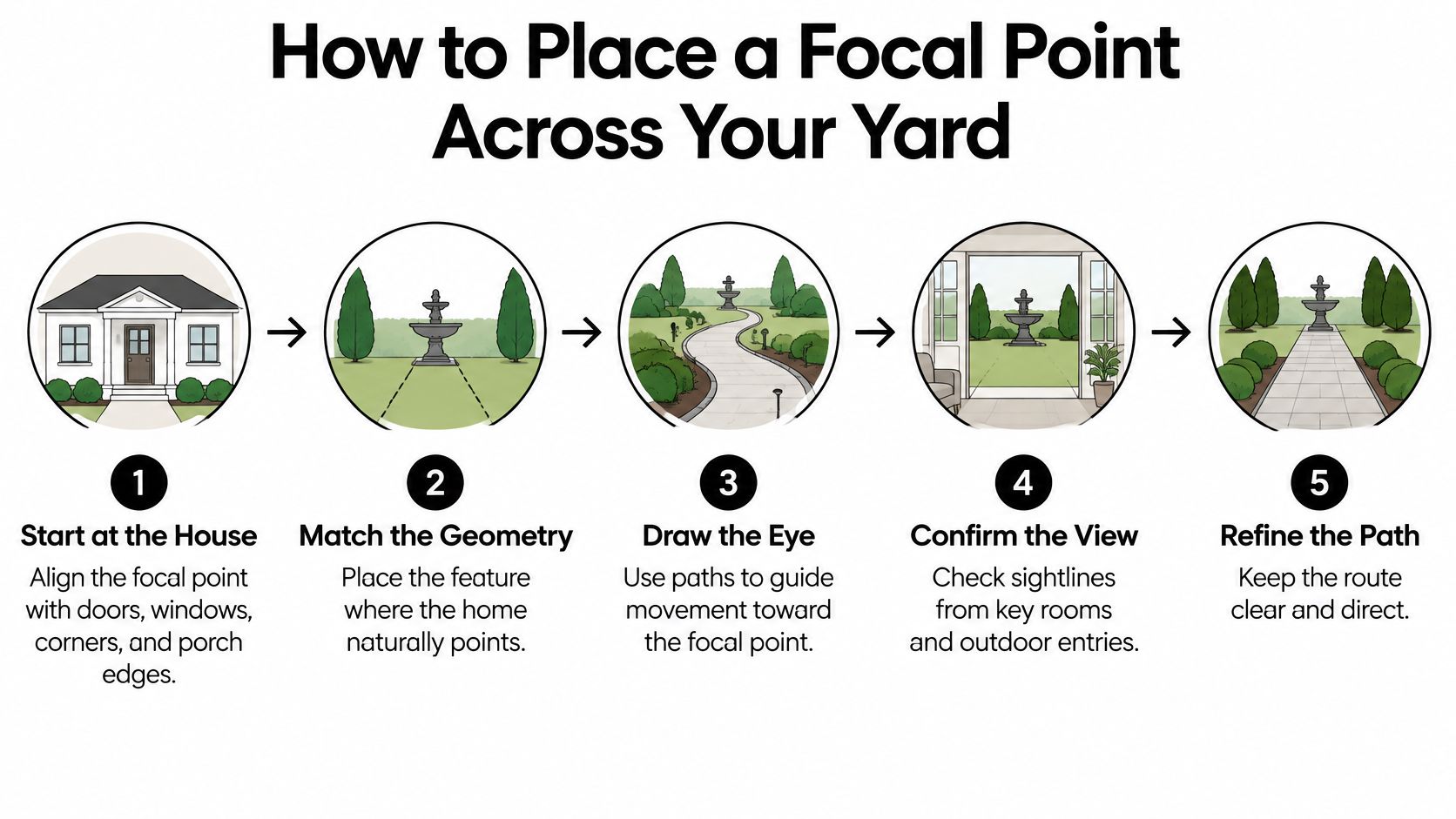 A five-step infographic showing how to strategically place a garden focal point in your yard.