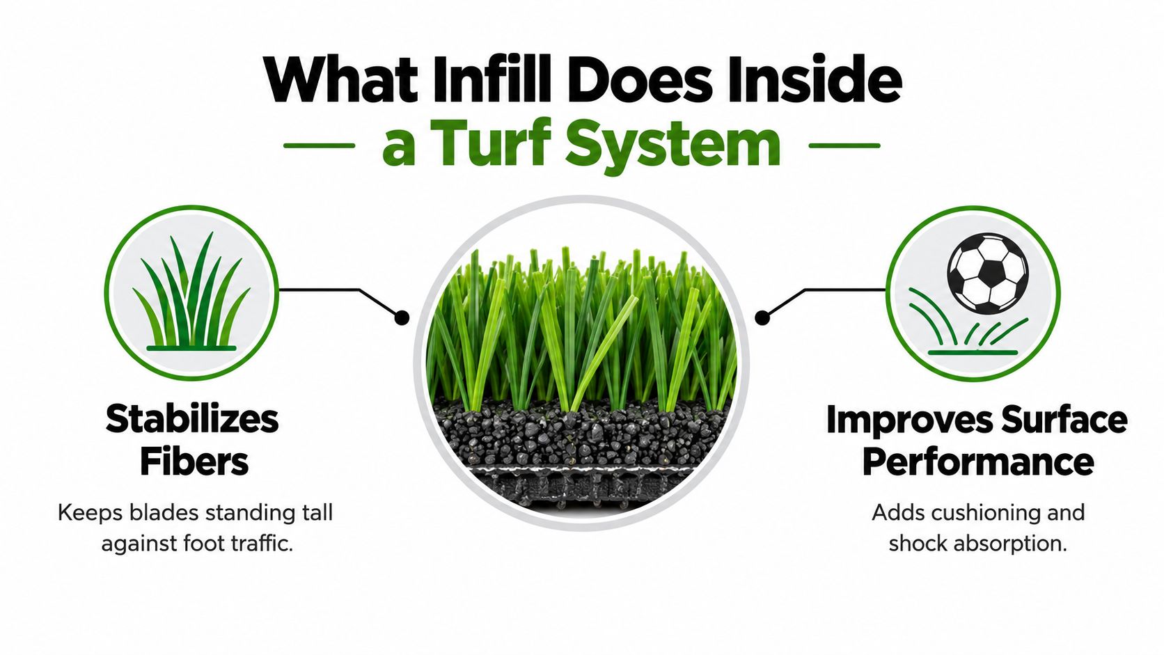 A diagram explaining that infill stabilizes turf fibers and improves surface performance for artificial turf systems.