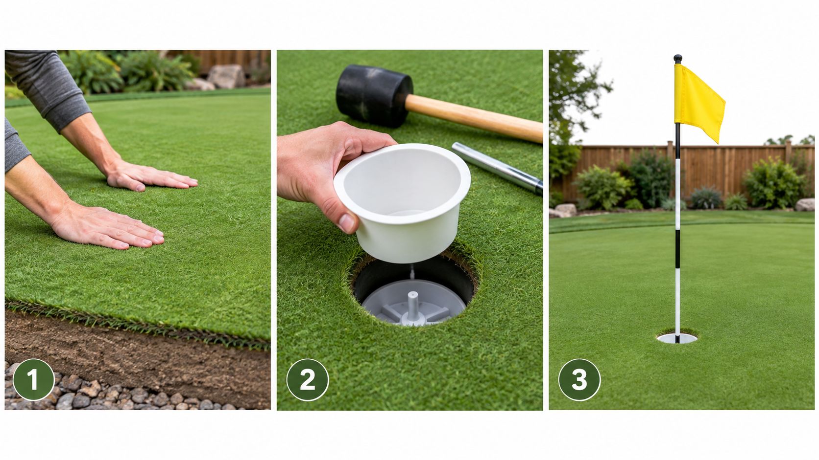 Steps to install a golf hole cup and flag on a professional backyard putting green.