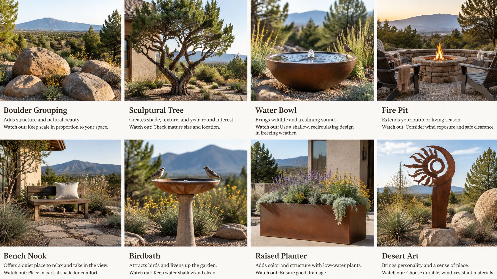 A grid of eight outdoor landscaping ideas featuring natural elements like boulders, trees, fountains, and garden art.