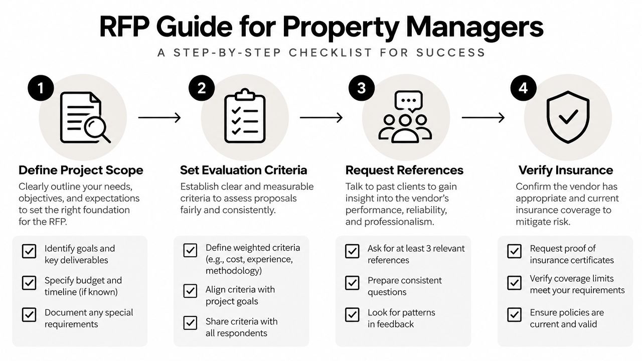 A four-step checklist infographic titled RFP Guide for Property Managers detailing the process for selecting vendors.
