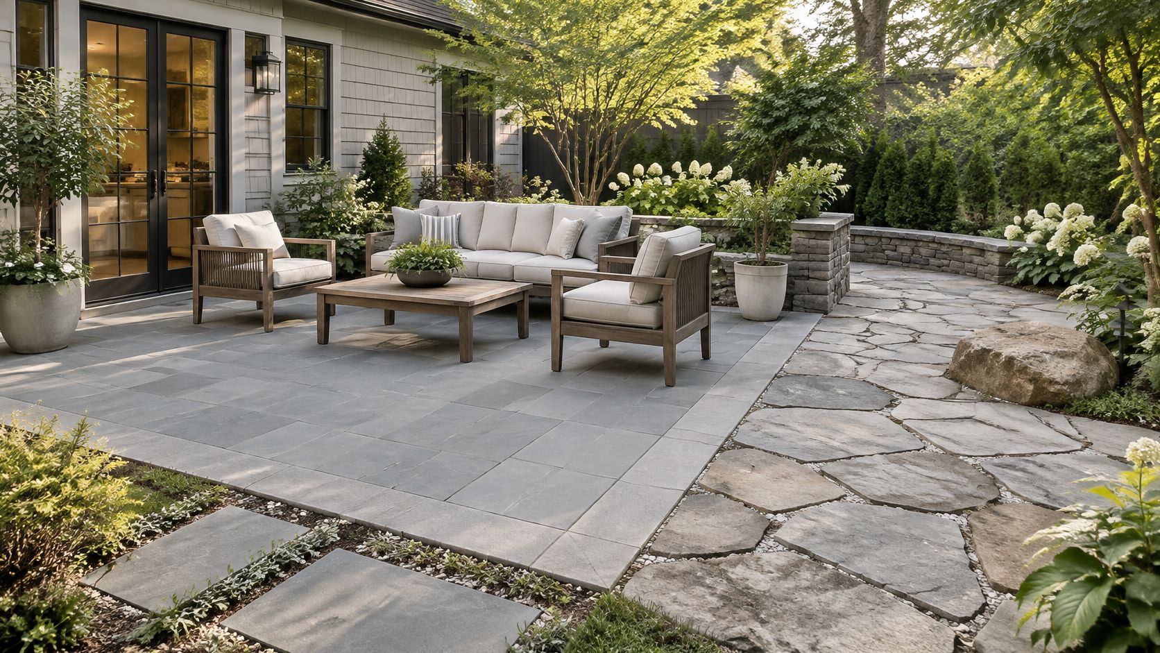 A modern outdoor living space with bluestone patio pavers, comfortable lounge furniture, and lush garden landscaping.
