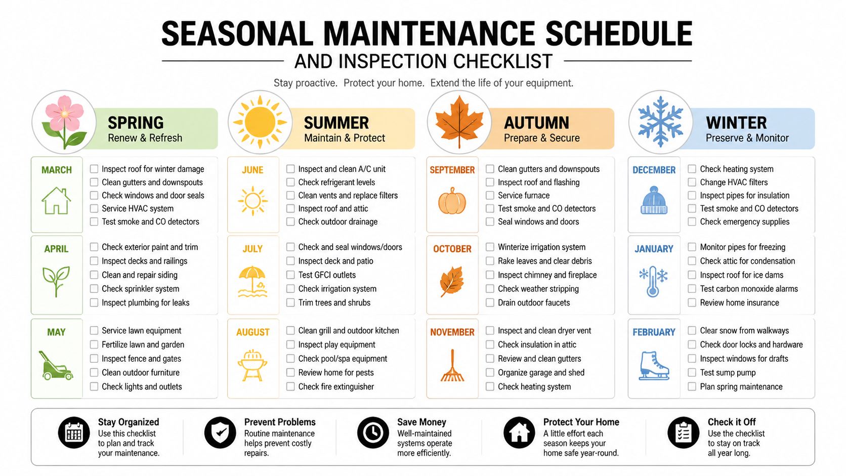 A seasonal home maintenance schedule checklist organized by month and season for proactive property care.
