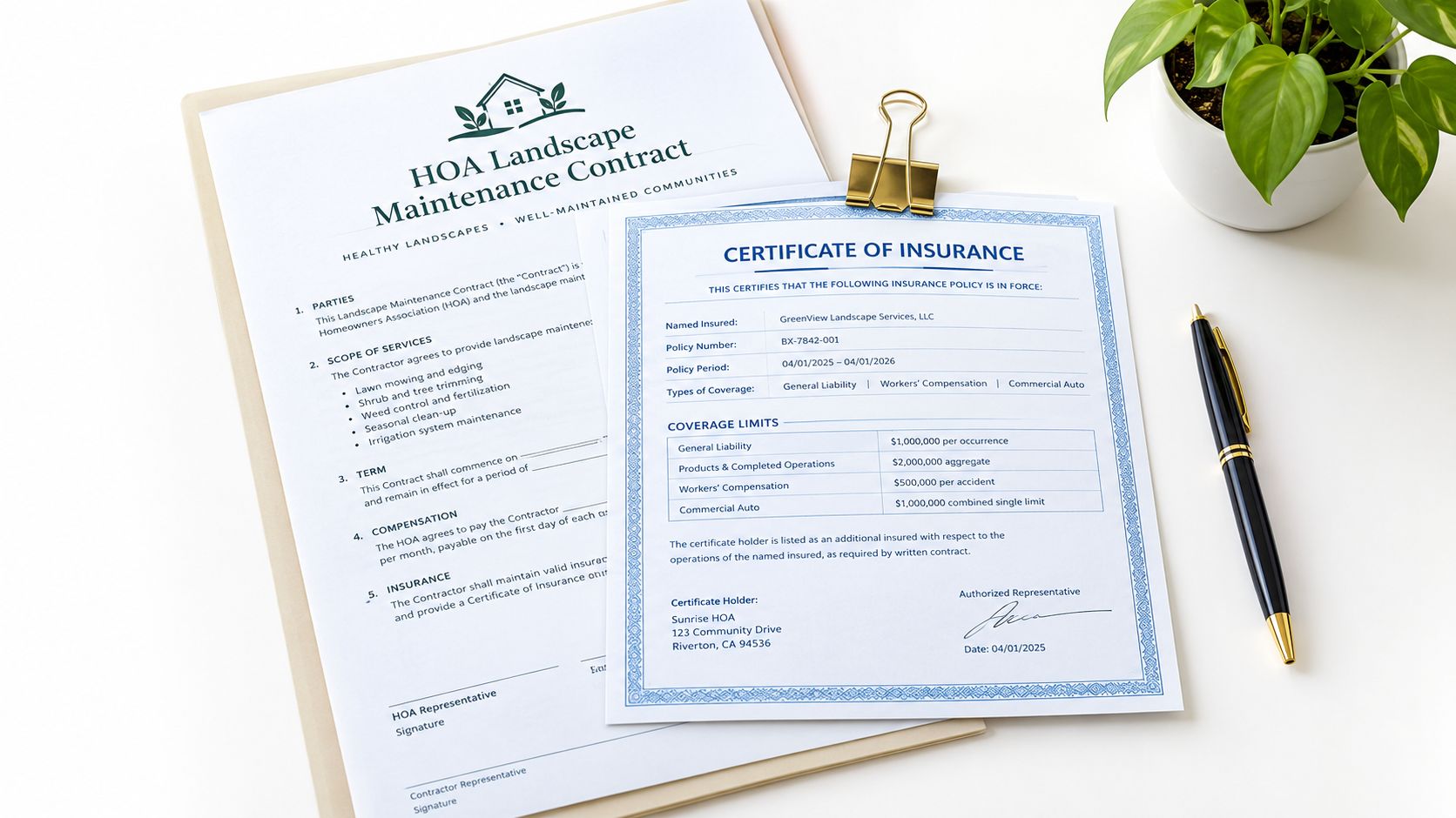A landscape maintenance contract and an insurance certificate resting on a desk next to a pen.