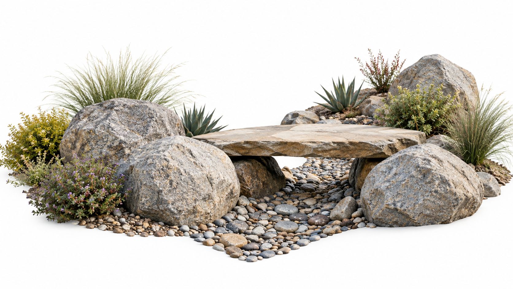 A landscaped dry creek bed design featuring large natural stones, decorative pebbles, and varied desert-style ornamental grasses.