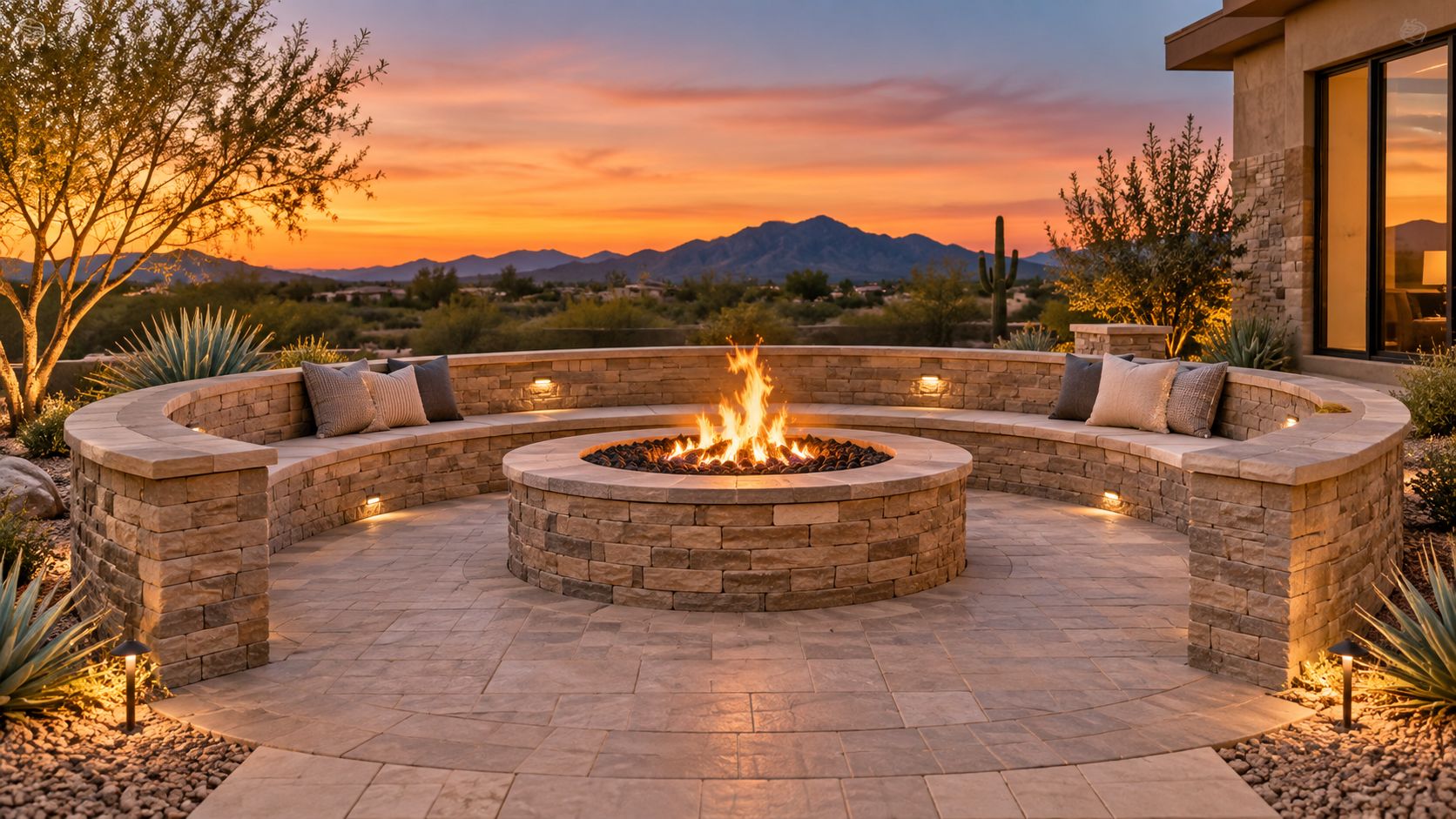 A luxurious stone circular fire pit patio area featuring built-in benches during a beautiful desert sunset