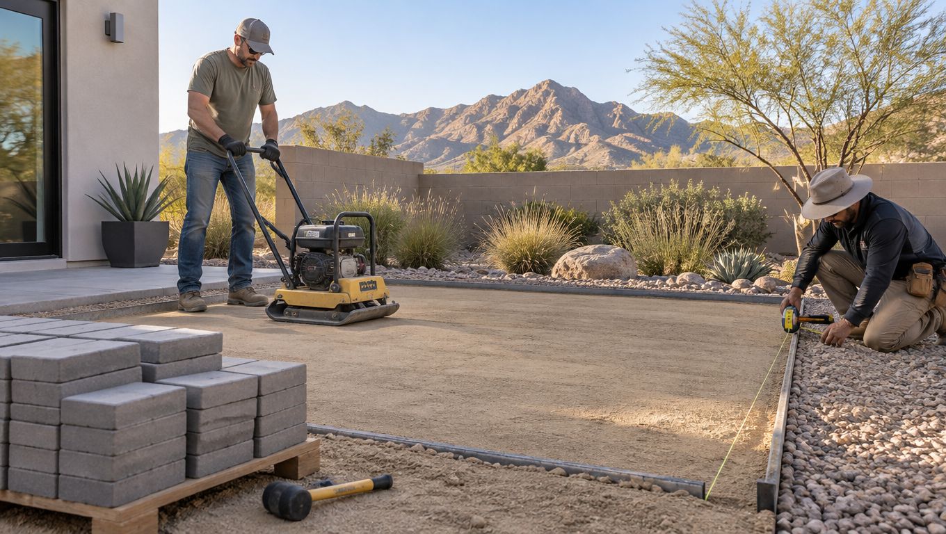 Two professional construction workers preparing a base for a backyard paver project in a sunny desert landscape.