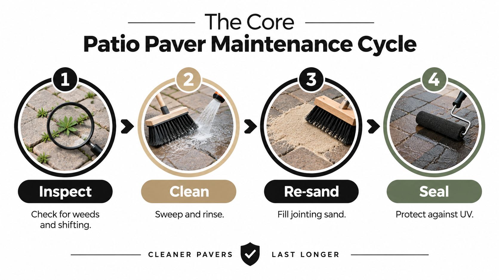An infographic showing the four steps of patio paver maintenance: inspect, clean, re-sand, and seal.