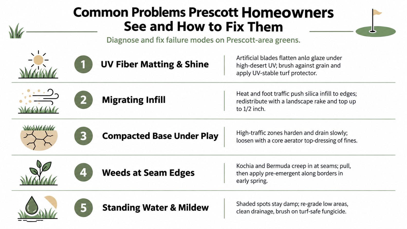 An infographic titled Common Problems Prescott Homeowners See and How to Fix Them illustrating five artificial putting green issues.