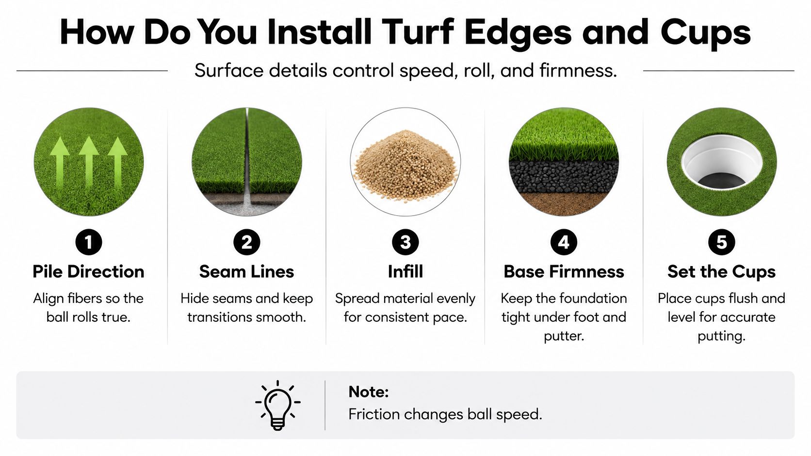 An infographic showing five key steps for installing artificial turf edges and cups for a putting green.