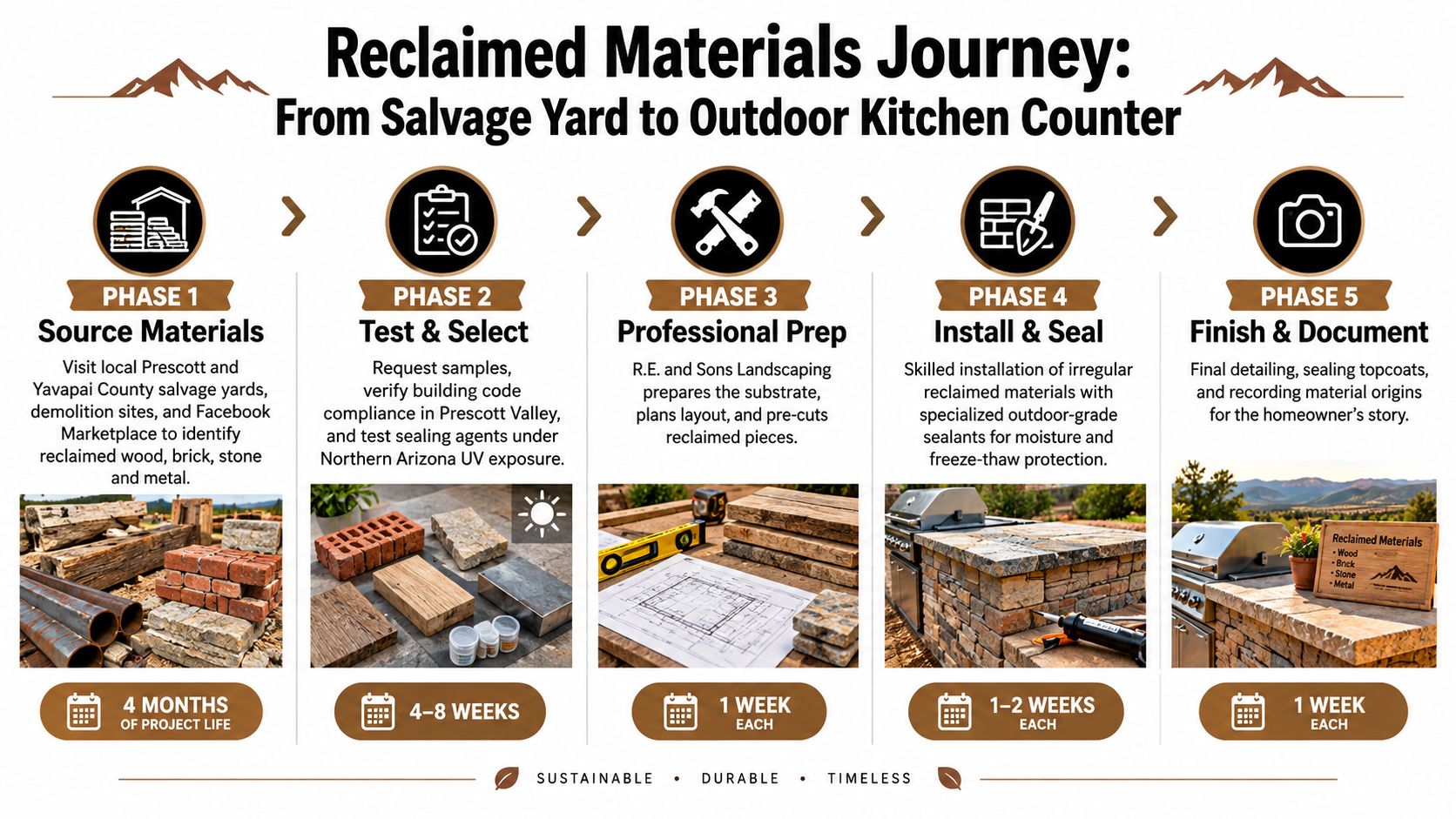 A five-phase infographic showing the process of building an outdoor kitchen counter using reclaimed materials.