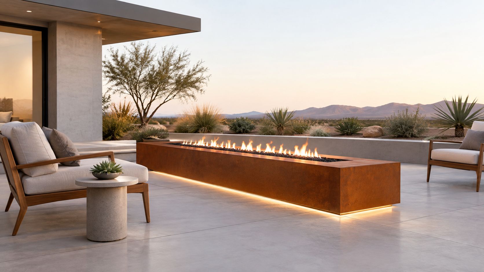 A modern outdoor patio featuring a linear rusted metal fire pit and elegant lounge chairs at sunset.