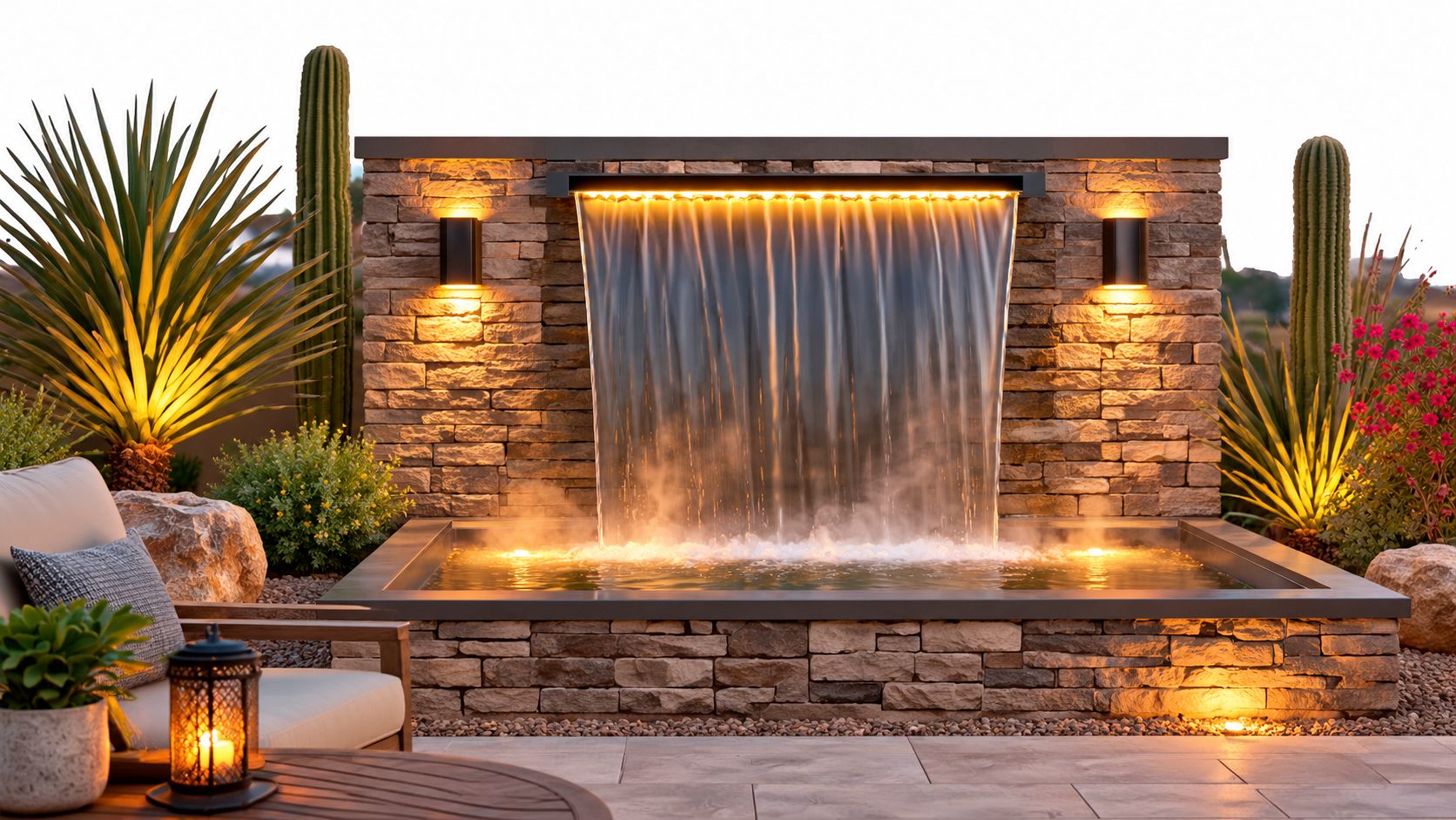 A modern stone water feature wall with a cascading waterfall in a beautifully lit desert landscape patio.