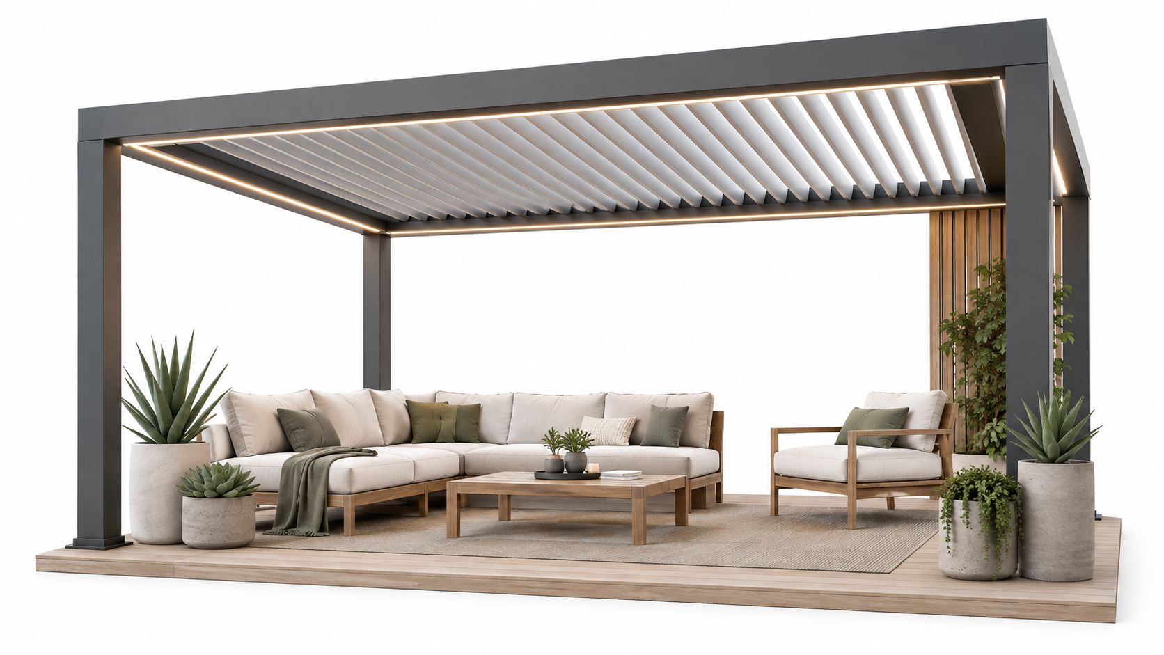 A modern outdoor patio set with a sectional sofa and lounge chair under a louvered pergola.