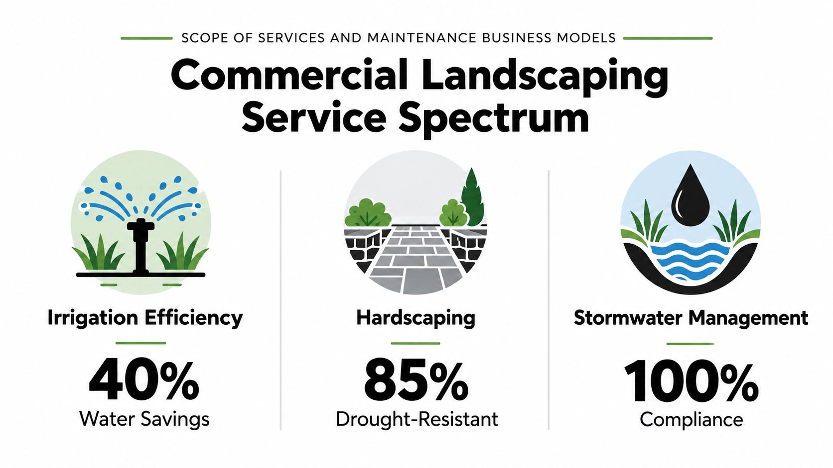 An infographic showing commercial landscaping services including irrigation efficiency, hardscaping, and stormwater management with associated performance metrics.