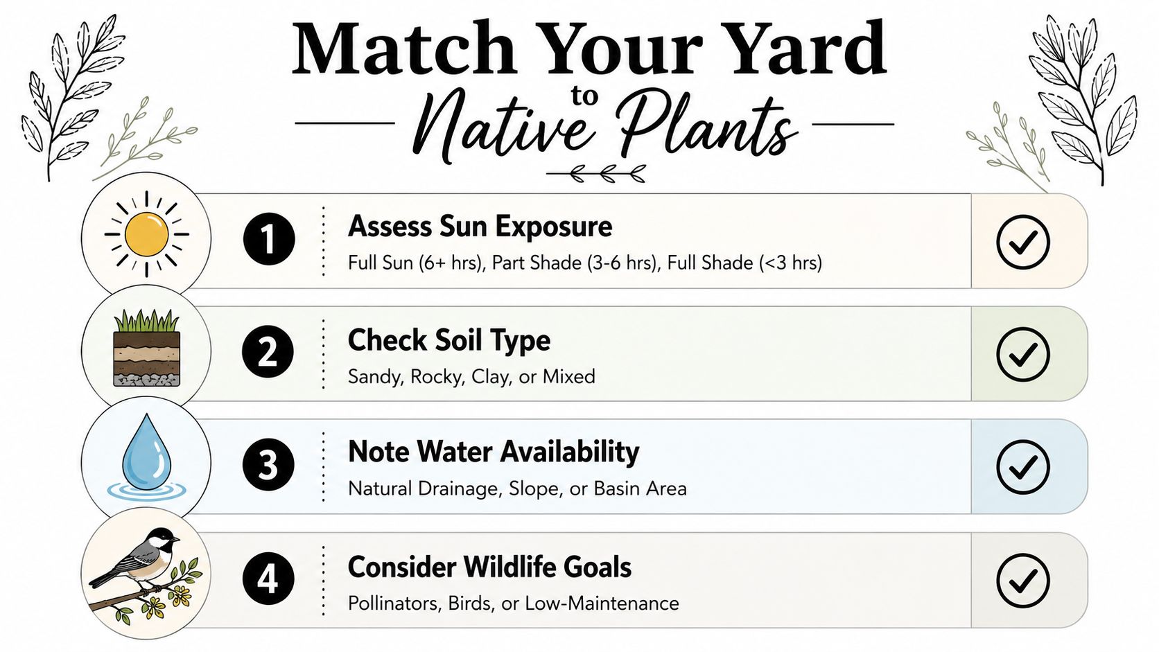 An infographic titled Match Your Yard to Native Plants listing four steps to assess your garden environment.