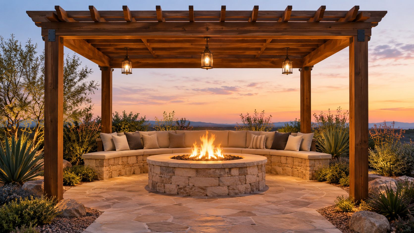 A cozy stone outdoor fire pit nestled under a wooden pergola at sunset with comfortable seating.