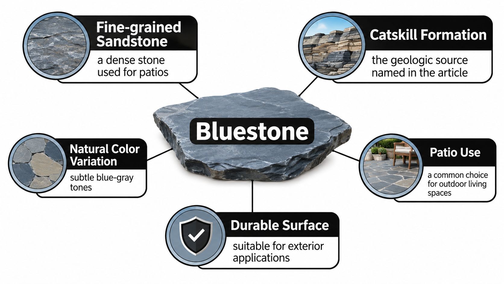 A diagram describing the properties of bluestone including its texture, geologic origin, and uses for patio flooring.