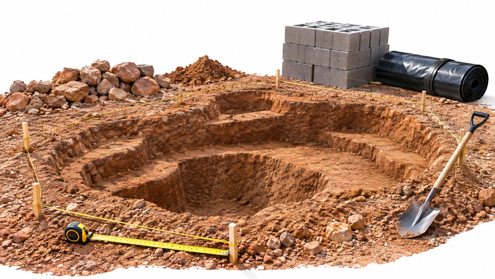 A partially excavated hole for a garden pond with construction tools, concrete blocks, and measuring equipment nearby.