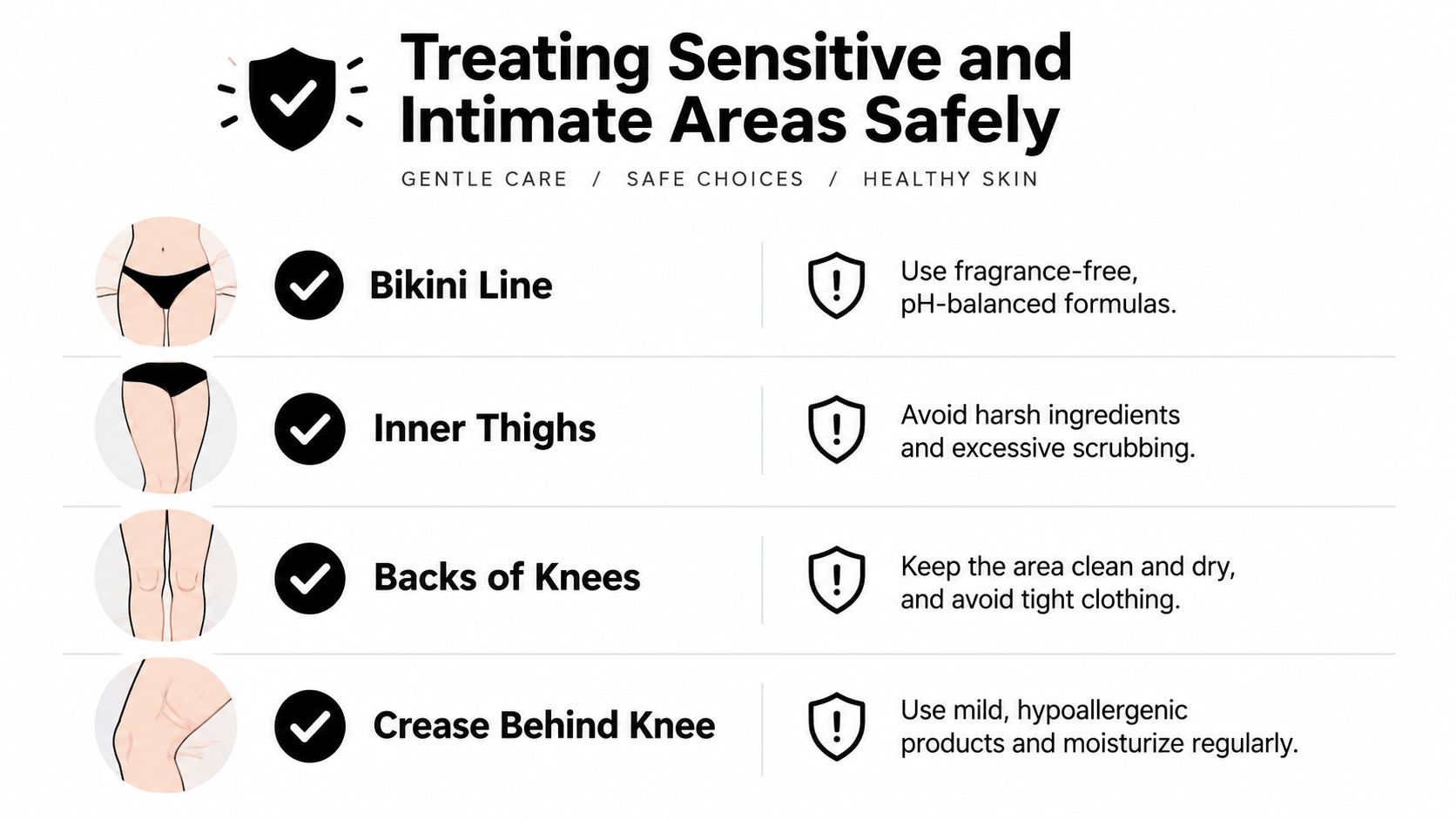 A helpful infographic outlining safety tips for skincare on sensitive areas like the bikini line and knees.