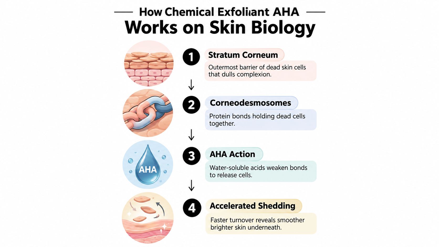 An infographic illustrating how chemical exfoliant AHA works on skin biology in four simple steps.