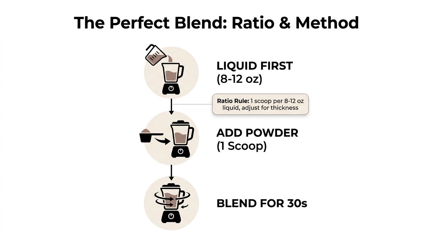 An infographic titled The Perfect Blend showing instructions to mix liquid, powder, and blend for thirty seconds.