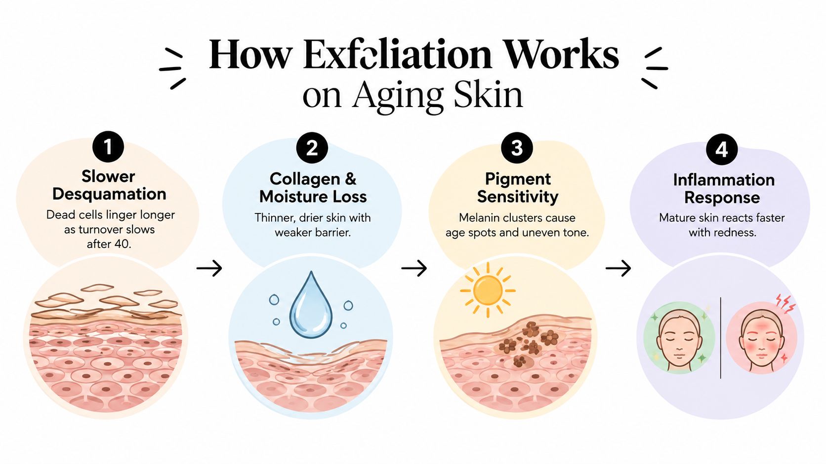 An infographic titled How Exfoliation Works on Aging Skin, showing four steps related to skin cell turnover and aging.
