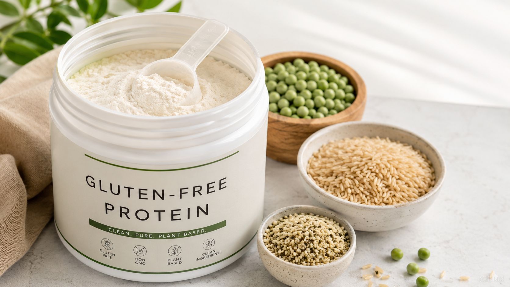 A container of gluten-free plant-based protein powder next to bowls of peas, rice, and seeds.