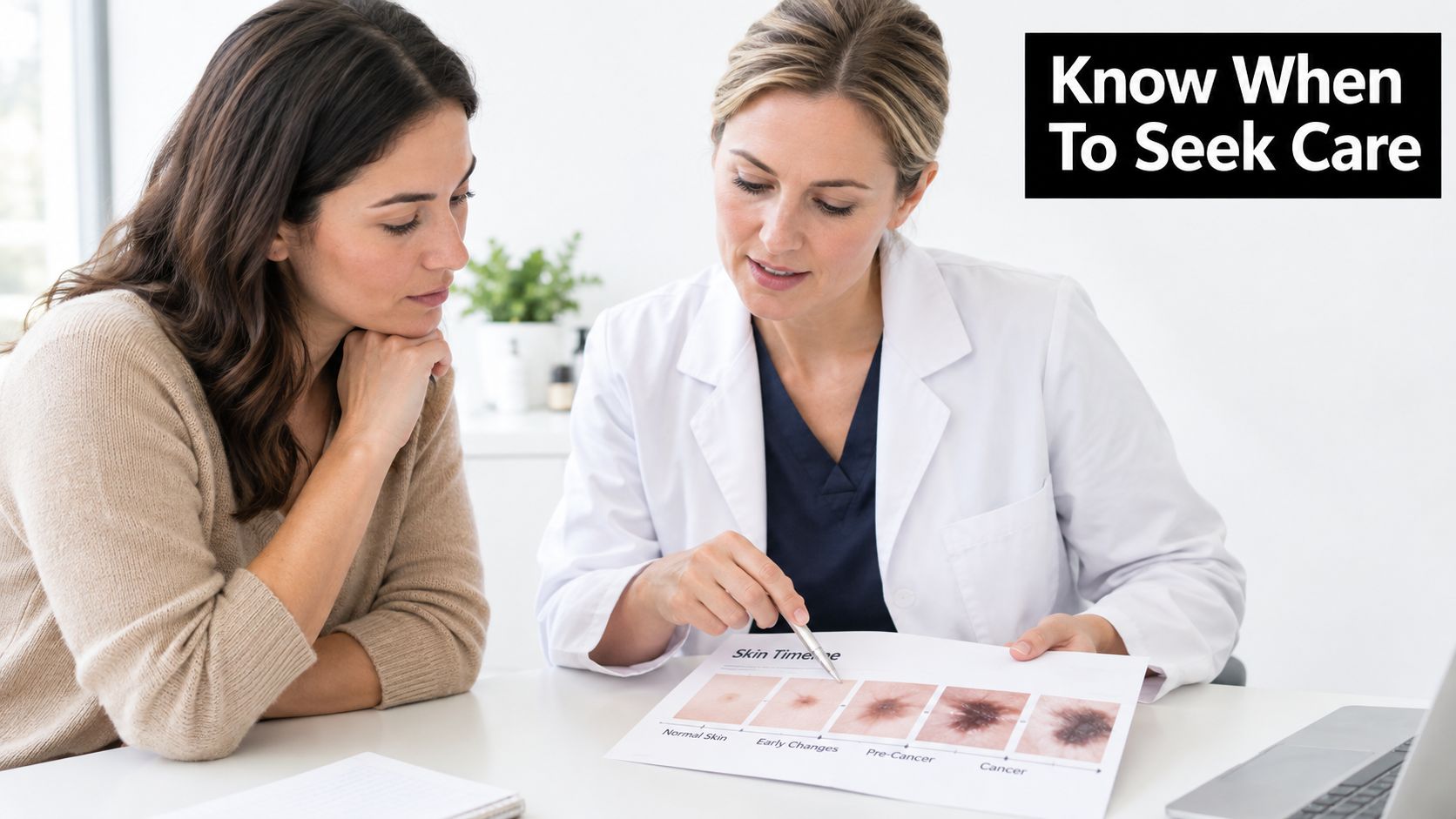 A dermatologist explains the stages of skin changes to a patient using a visual timeline chart.