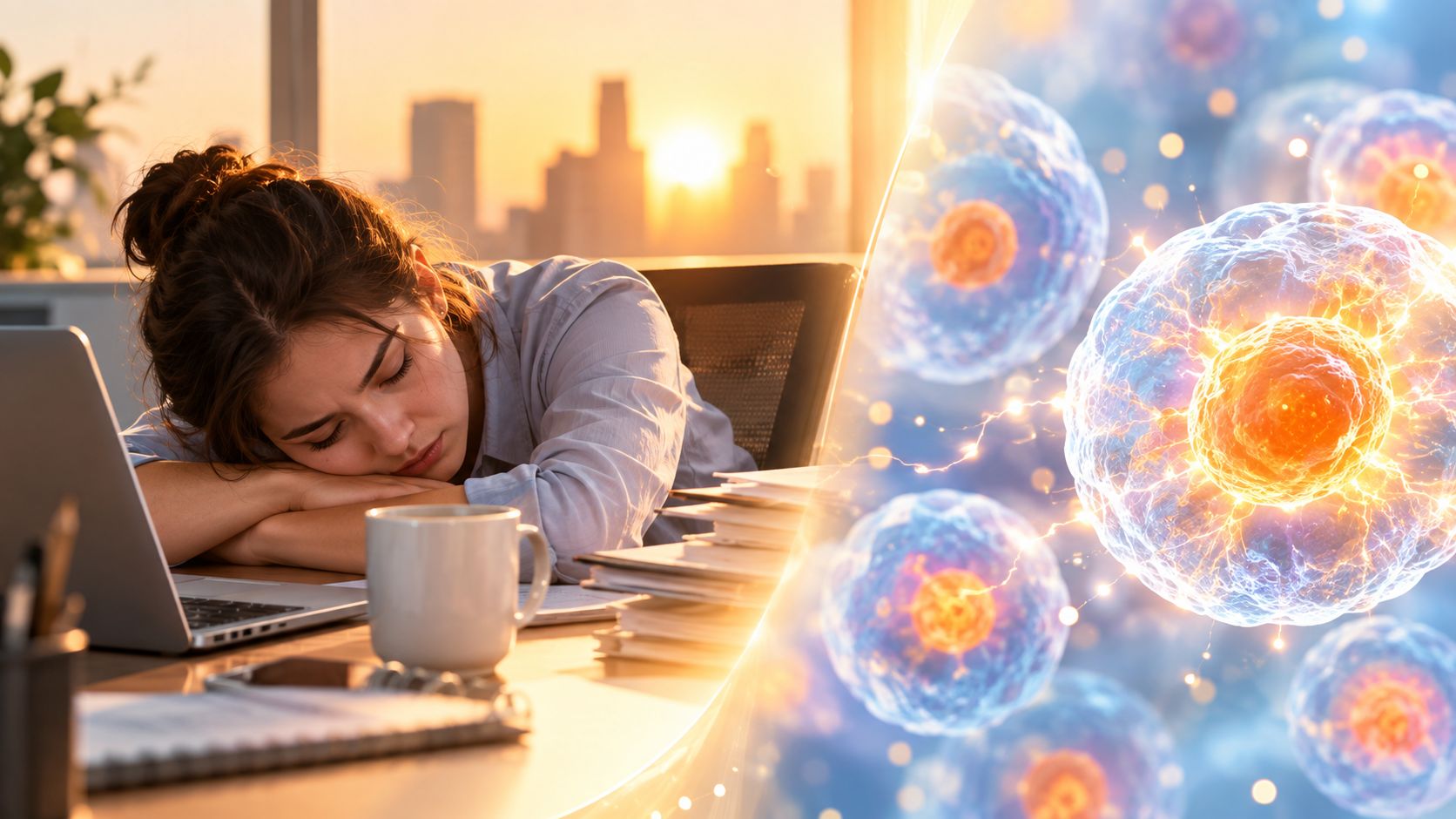 A tired office worker resting her head on a desk next to a glowing biological cell illustration.