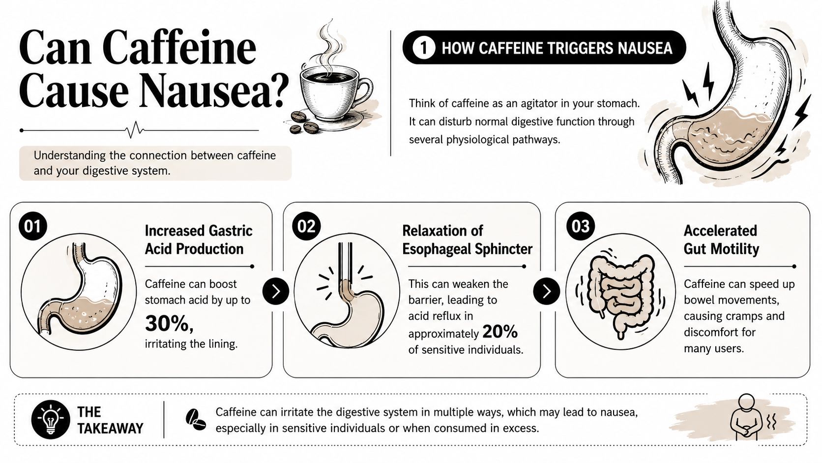 An infographic explaining how caffeine consumption can cause stomach nausea through digestive system irritation and acid reflux.