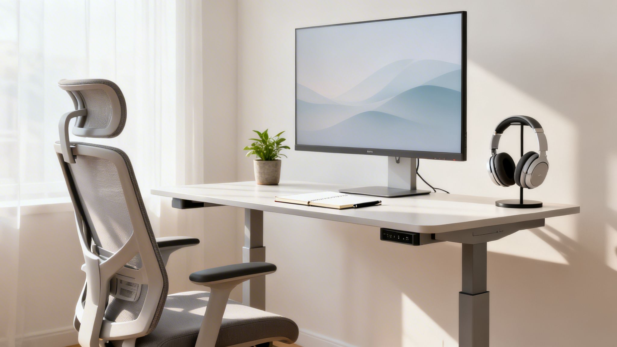 A minimalist home office with a gray ergonomic chair, white standing desk, monitor, and headphones.