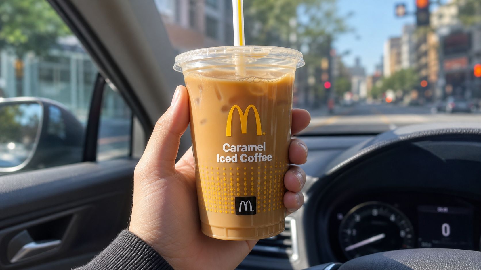 A person holding a McDonald's caramel iced coffee in a plastic cup inside a car.
