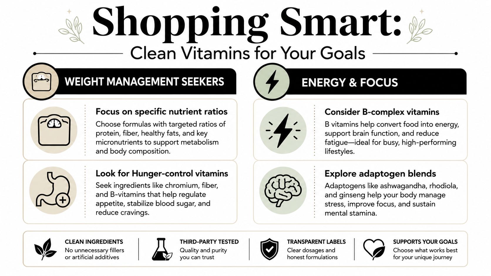 A guide for shopping clean vitamins, highlighting recommendations for weight management, energy, and focus goals.