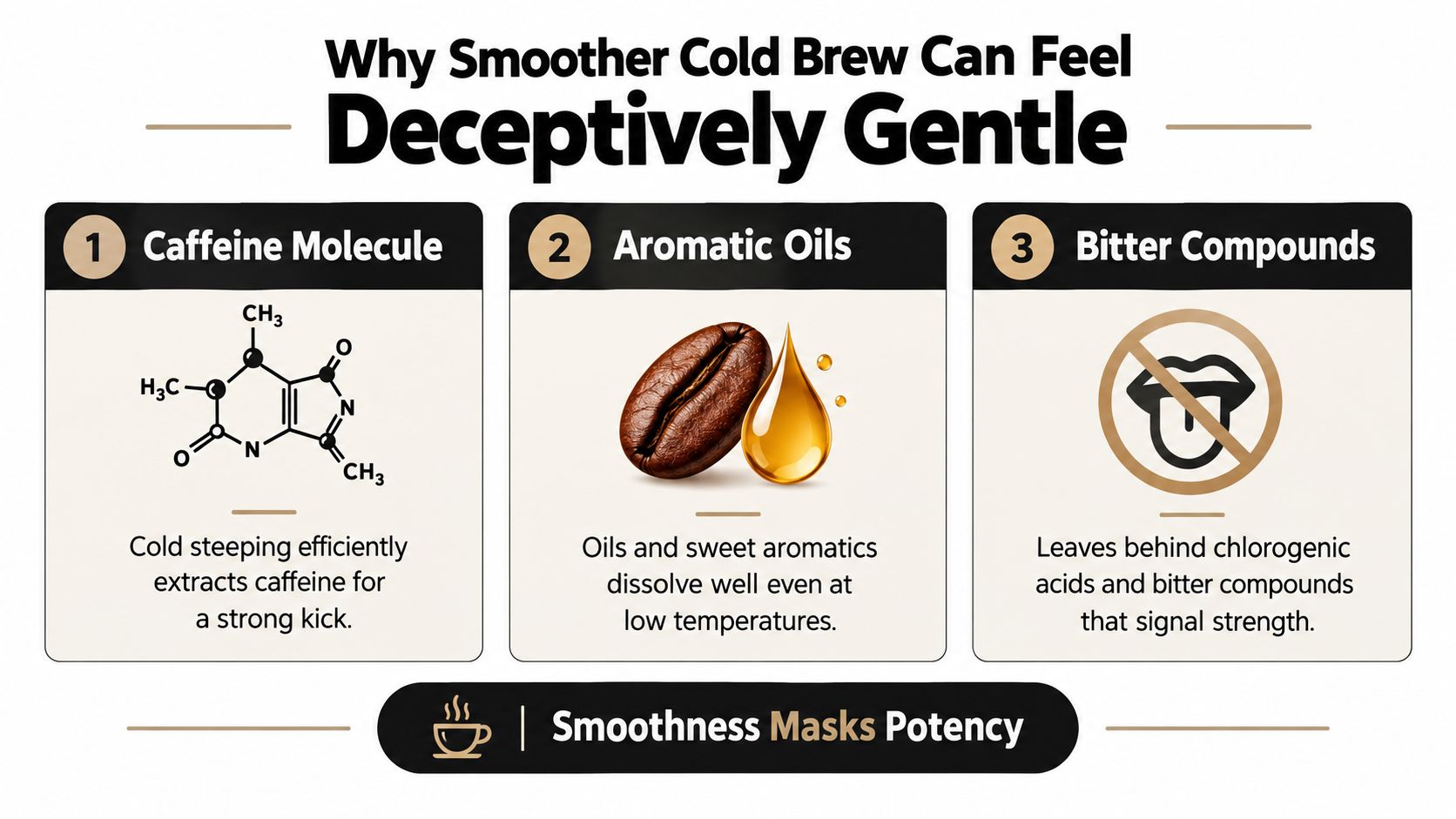 An infographic explaining why cold brew coffee tastes smooth despite having a high caffeine potency.