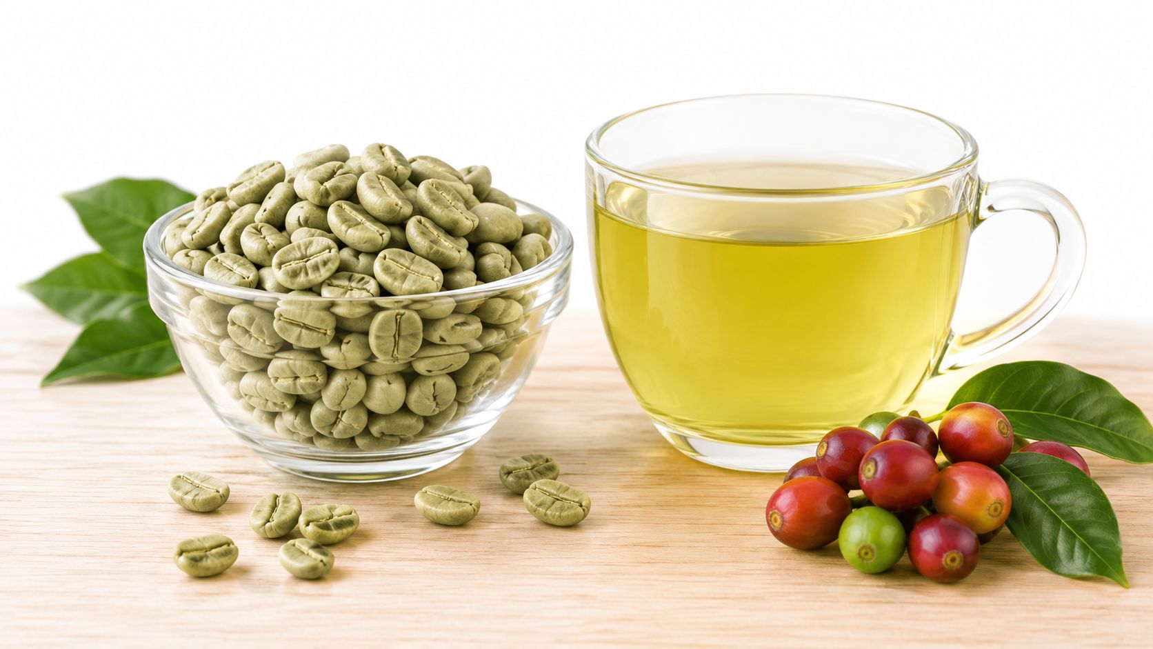 A glass bowl filled with raw green coffee beans, a cup of green coffee, and fresh coffee cherries.