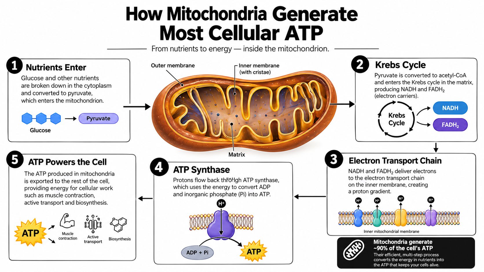 A diagram illustrating how mitochondria convert nutrients into cellular energy through the process of cellular respiration.
