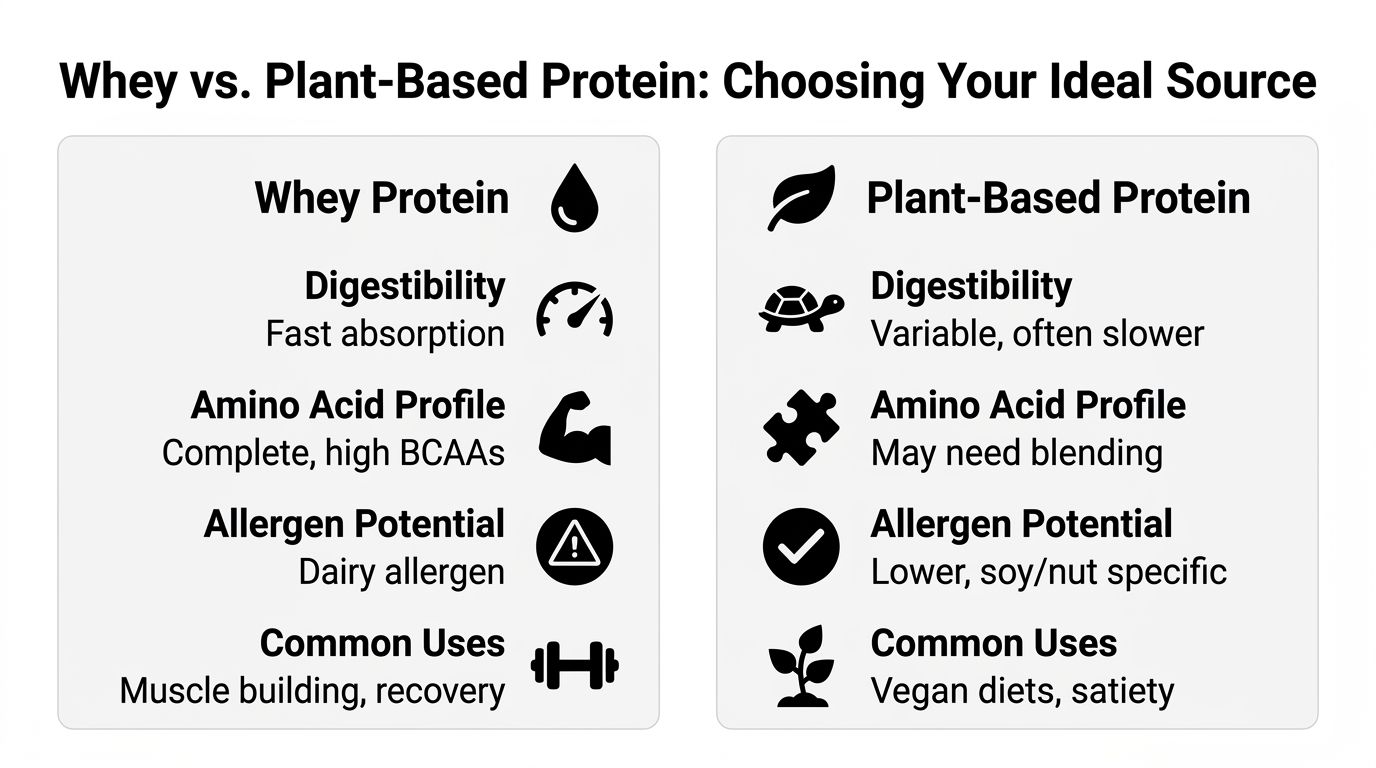 A comparison chart outlining the key differences between whey protein and plant-based protein supplements for nutritional guidance.